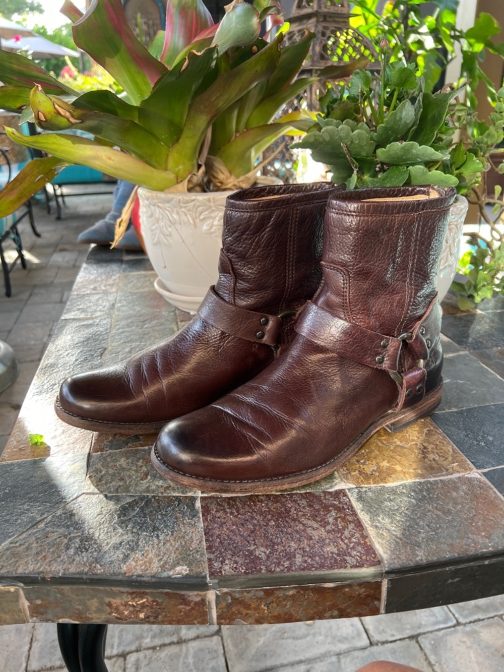 Frye Dark Brown Leather Harness Ankle Boots 8